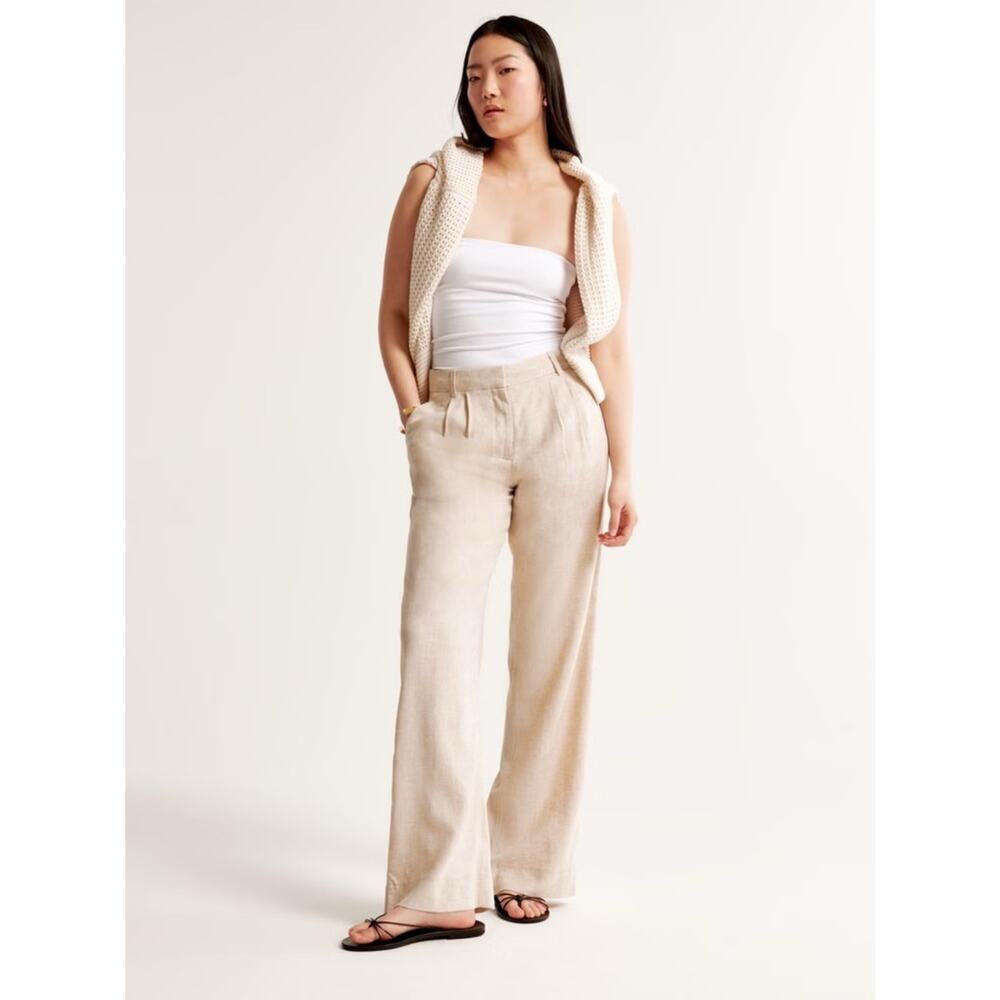 Abercrombie & Fitch Sloan Hi-Rise Tailored Pleated Linen Pants 32 / 14R Khaki